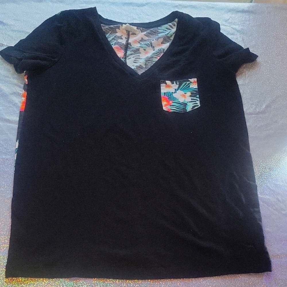 Y2K Vintage VS Pink Tropical Flower Hawaii Print V-Neck T-Shirt SZ:S